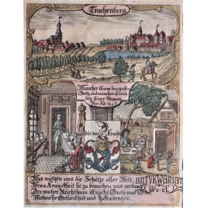 ŻMIGRÓD. Panorama miasta, poniżej dwie scenki rodzajowe i herb rodu von Kracht; pochodzi z: Zit …