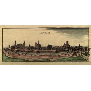 LEGNICA. Panorama miasta; wyd. George-Louis La Rouge, Paryż, ok. 1740; miedz. kolor., st. bdb., u …