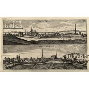 ŻARY. Dwie panoramy miasta na wspólnym arkuszu (od północy i od południa); rys. C.P. Prün, sygn. …