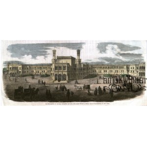 WROCŁAW. Dworzec Główny; rys. Robert Katzer, 1856; drzew. szt. kolor., st. bdb.; wym.: 348x147 mm …