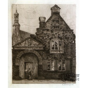 GDAŃSK. Niezidentyfikowany budynek, w tle widoczna wieża kościoła; ryt. B. Hellingrath, ok. 1920; …