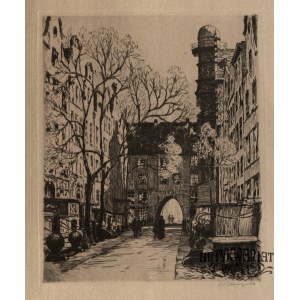 GDAŃSK. Ulica Mariacka; ryt. B. Hellingrath, ok. 1920; w dole ołówkiem sygn. autora; akwf. cz.-b. …