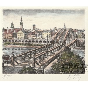 GŁOGÓW. Widok miasta z mostem Hindenburga (nieistniejącym); R. Adler (1907-1977), okres międzywoj …