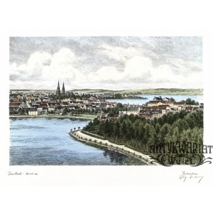 WAŁCZ. Panorama miasta; ryt. Alfred Jensen (1859-1935), okres międzywojenny; w dole ołówkiem sygn …