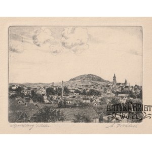 ZŁOTORYJA. Panorama miasta; M. Fröhlich (?), ok. 1920; w dole sygn. ołówkiem; akwf. cz.-b., st. b …