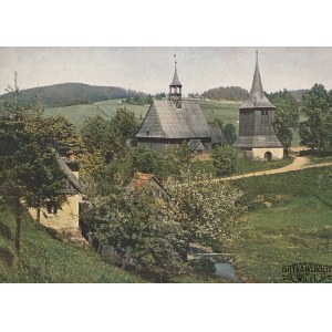 RYBNICA LEŚNA (pow. wałbrzyski). Kościół. Wg fot. Juliusa Hollosa, na ozdobnym kartonie, kolor., …