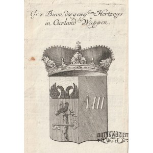 ŻAGAŃ, SYCÓW. Herb książąt von Biron; ok. 1790; na verso drzewo genealogiczne Bironów; miedz. cz. …