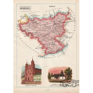 ŁUKÓW. Mapa powiatu; w dole widoki w 2 sekcjach: Kościół w Łukowie; Dworek w Woli Okrzejskiej mie …