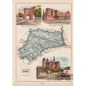 OPATÓW. Mapa powiatu; w górze i dole widoki w 3 sekcjach: Brama wjazdowa w Opatowie; Ruiny zamku …