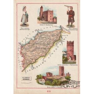SANDOMIERZ. Mapa powiatu; w górze i dole widoki w 5 sekcjach: Typ z powiatu sandomierskiego; Ratu …