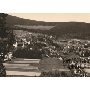 ŚWIERADÓW-ZDRÓJ. Panorama uzdrowiska; fot. niesygn., przed 1945; na verso odręczny opis ołówkiem: …