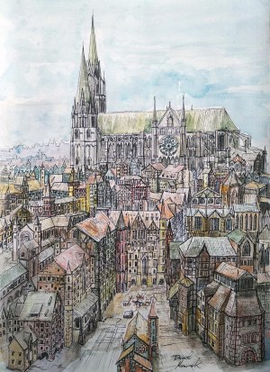 Dawid Masionek (ur. 1994), Pejzaż miejski z katedrą w Chartres, 2021