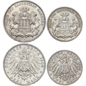 Germany - Empire Hamburg 2 & 3 Mark 1906 - 1908 J