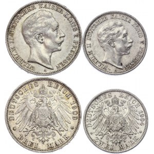 Germany - Empire Prussia 2 & 3 Mark 1904 - 1909 A