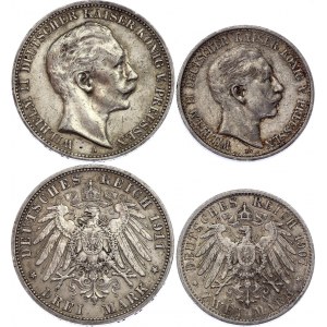 Germany - Empire Prussia 2 & 3 Mark 1907 - 1911 A
