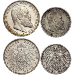 Germany - Empire Wurttemberg 2 & 3 Mark 1902 - 1908 F