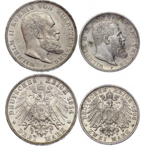 Germany - Empire Wurttemberg 2 & 3 Mark 1905 - 1914 F