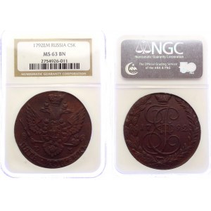 Russia 5 Kopeks 1792 ЕМ NGC MS63 BN