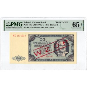 PRL, 20 złotych 1948 KE - WZÓR - PMG 65EPQ