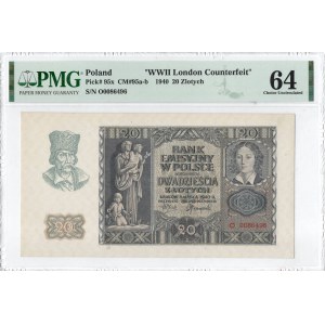 GG, 20 złotych 1940 - rzadsza seria O - WWII London Counterfeit - PMG 64
