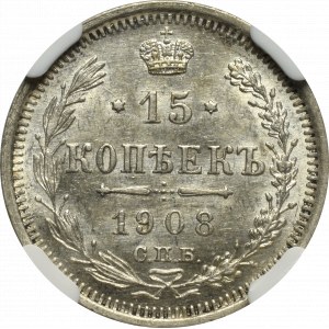 Russia, Nicholas II, 15 kopecks 1908 ЭБ - NGC MS64