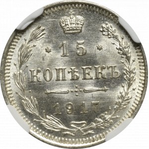 Russia, Nicholas II, 15 kopecks 1917 BC - NGC MS65+