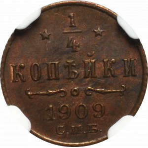 Russia, Nicholas II, 1/4 kopeck 1909 - NGC MS64 BN
