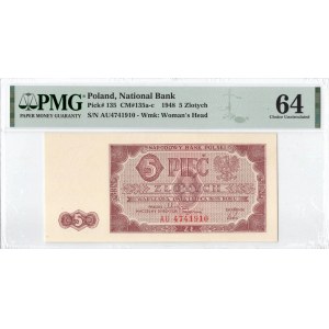 PRL, 5 złotych 1948 AU - PMG 64