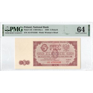 PRL, 5 złotych 1948 AU - PMG 64