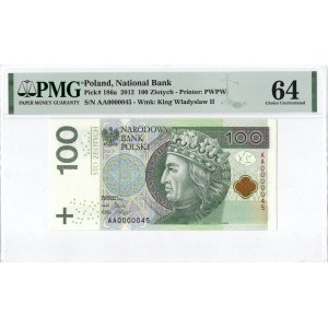 IIIRP, 100 złotych 2012 AA - BARDZO NISKI NUMER 0000045 - PMG 64