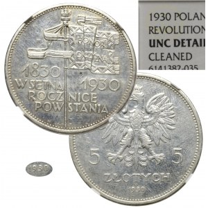 II RP, 5 złotych 1930 Sztandar - HYBRYDA awers GŁĘBOKI SZTANDAR NGC UNC Details