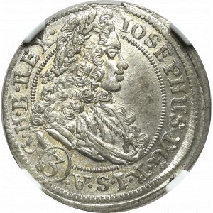 Śląsk, Józef I, 3 krajcary 1707, Wrocław - NGC MS63