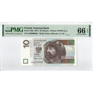 IIIRP, 10 złotych 2012 AO NISKI NUMER 0000888 - PMG 66EPQ