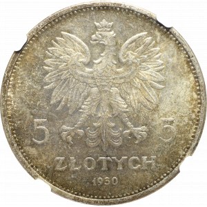 II RP, 5 złotych 1930 Sztandar - HYBRYDA awers GŁĘBOKI SZTANDAR NGC MS64