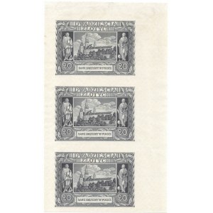 GG, 20 złotych 1940 bez serii i numeratora - ARKUSZ (3 egzemplarze)