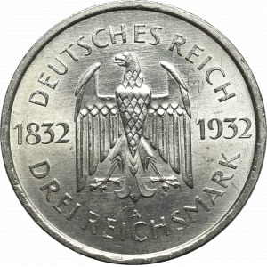 Niemcy, 3 marki 1932 D, Goethe, Rzadkość - DOUBLE DIE