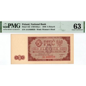 PRL, 5 złotych 1948 AA - PMG 63