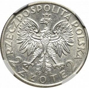 II Rzeczpospolita, 2 złote 1934, Głowa Kobiety - NGC MS61
