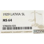 Latvia, 5 lati 1929 - NGC MS64