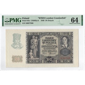 GG, 20 złotych 1940 - rzadsza seria N - WWII London Counterfeit - PMG 64