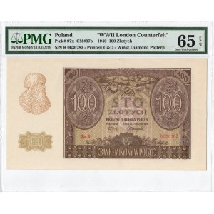 GG, 100 złotych 1940 - rzadsza seria B - WWII London Counterfeit - PMG 65EPQ