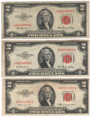 USA, zestaw banknotów 2 dolary 1953 - czerwona pieczęć (3 egzemplarze)
