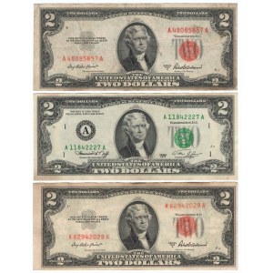 USA, zestaw banknotów 2 dolary 1953 - czerwona pieczęć i 1957 (3 egzemplarze)