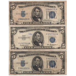 USA, zestaw banknotów 5 dolarów 1934 i 1953 (3 egzemplarze)