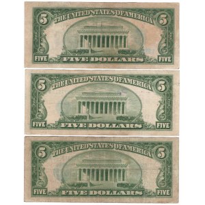 USA, zestaw banknotów 5 dolarów 1934 i 1953 (3 egzemplarze)