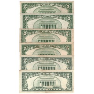 USA, zestaw banknotów 5 dolarów 1950, 1969, 1974 (6 egzemplarzy)
