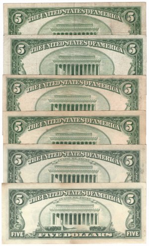 USA, zestaw banknotów 5 dolarów 1950, 1969, 1974 (6 egzemplarzy)