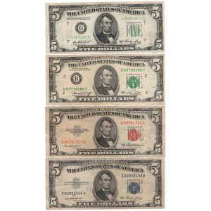 USA, zestaw banknotów 5 dolarów (4 egzemplarze)