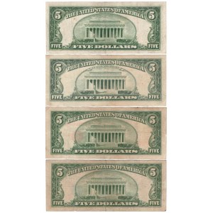 USA, zestaw banknotów 5 dolarów (4 egzemplarze)