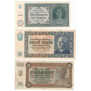 Collection of 3 pcs banknotes Slovakia and Protectorat